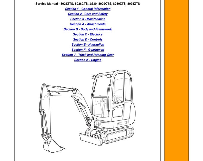 JCB  8025ZTS, 8026CTS, JS30, 8029CTS, 8030ZTS, 8035ZTS - 9803-9410 - Workshop Manual - Service Manual - Parts Manual - Owners Manual