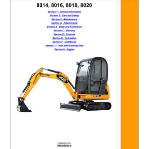 Può includere: Manuale di servizio per i modelli JCB 8014, 8016, 8018 e 8020. La copertina presenta un mini escavatore JCB giallo e nero. Il sommario del manuale elenca sezioni su informazioni generali, cura, sicurezza, manutenzione e altro. Il logo JCB è visibile.