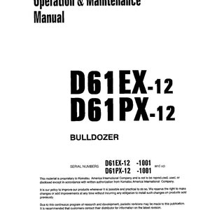 K&ouml;nnte beinhalten: Schwarzwei&szlig;bild eines Betriebs- und Wartungshandbuchs f&uuml;r einen Komatsu D61EX-12 und D61PX-12 Bulldozer. Das Handbuch ist datiert November 1999 und enth&auml;lt die Seriennummern D61EX-12 -1001 und D61PX-12 -1001.