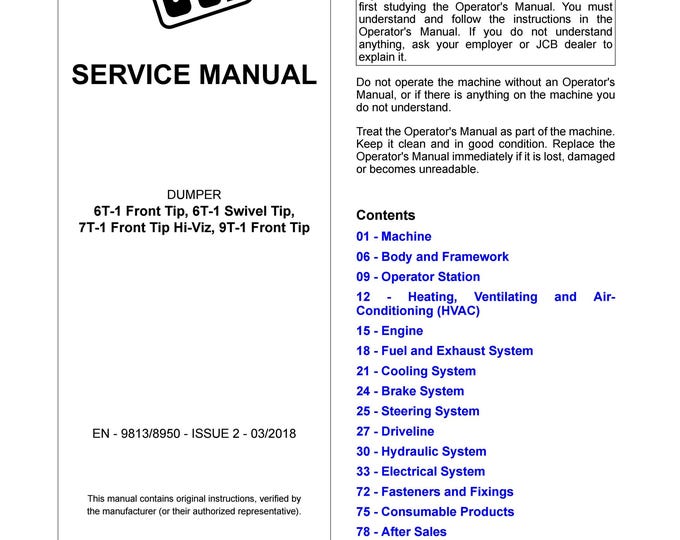 JCB DUMPER 6T-1 Front Tip, 6T-1 Swivel Tip, 7T-1 Front Tip Hi-Viz, 9T-1 Front Tip  - Service Manual - Owners Manual (Pdf Download)