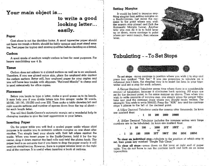 Smith Corona standard 1950 Typewriter Instruction Manual - User Manual - Complete User Guide