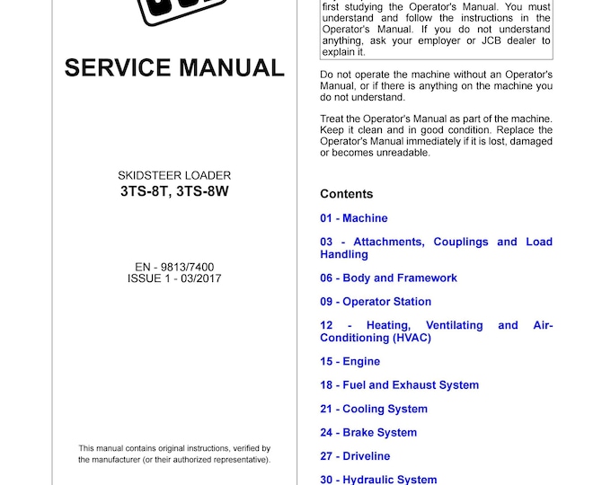 JCB SKIDSTEER LOADER 3TS-8T, 3TS-8W - Service Manual - Parts Manual - Owners Manual (Pdf Download)