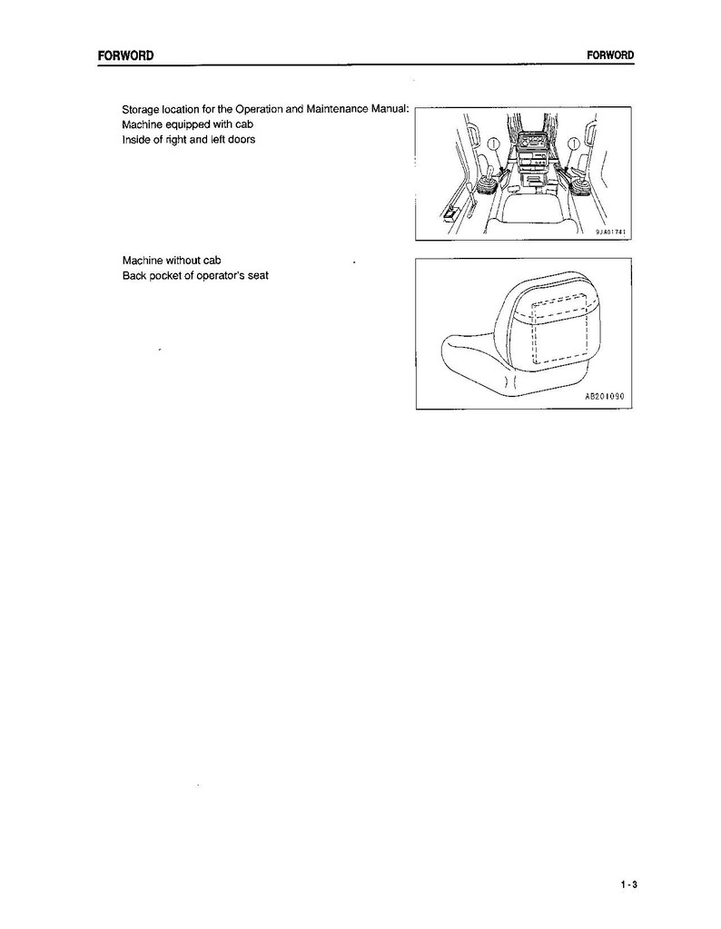 K&ouml;nnte beinhalten: Ein Schwarzwei&szlig;diagramm, das den Aufbewahrungsort f&uuml;r das Betriebs- und Wartungshandbuch zeigt. Das Handbuch kann im Inneren der Kabine einer Maschine mit Kabine oder in der Ges&auml;&szlig;tasche des Fahrersitzes einer Maschine ohne Kabine aufbewahrt werden.