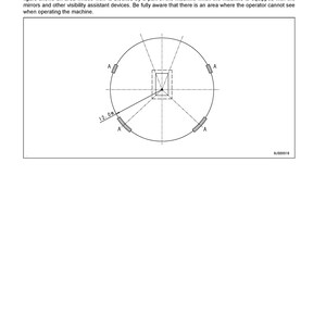 May include: A diagram showing the visibility radius of a machine. The diagram shows a circle with a radius of 12 meters (39 feet 4 inches). The shaded area represents the area that is blocked by the machine when it is equipped with mirrors and other visibility assistant devices.