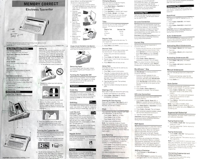Smith Corona Memory Correct Typewriter Instruction Manual - User Manual - Complete User Guide