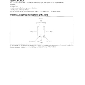 K&ouml;nnte beinhalten: Diagramm, das die Front-, Heck-, Links- und Rechtsrichtungen eines Hydraulikbaggers zeigt. Das Diagramm zeigt den Fahrersitz, das Kettenrad und die Fahrtrichtung.