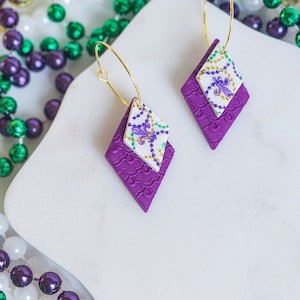 Handmade Mardi Gras Earrings: Polymer Clay Fleur de Lis Dangles