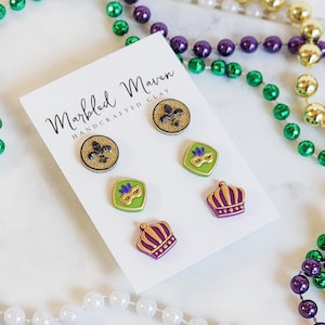 Handmade Mardi Gras Clay Studs: Fleur-de-Lis, Mask, Crown