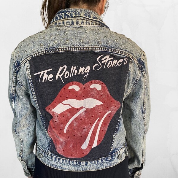 Reworked The Rolling Stones Rocker Jean Jacket with embellishments- One of a Kind - Size Small