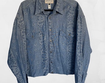 Cropped Vintage Denim Button Down Paisley Shirt with Raw Hem - Large