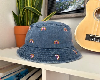 Lesbian Bucket Hat | Lesbian Rainbow Pride Jean Bucket Hat | Subtle Lesbian Hat | Cute Pride Hat | wlw hat | Cute Lesbian Gift | Gay Girlie
