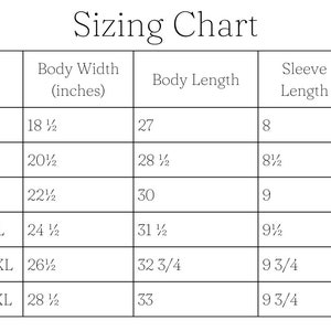 May include: Sizing chart for clothing with columns for size, body width in inches, body length in inches, and sleeve length in inches. Sizes include S, M, L, XL, 2XL, and 3XL.