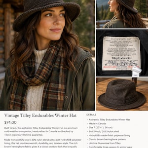 May include: A brown Tilley Endurables winter hat featuring a herringbone pattern, a structured crown, and a wide brim. The interior label specifies a size 7, 22 1/8 inches, and a composition of 80% wool and 20% nylon, made in Canada.