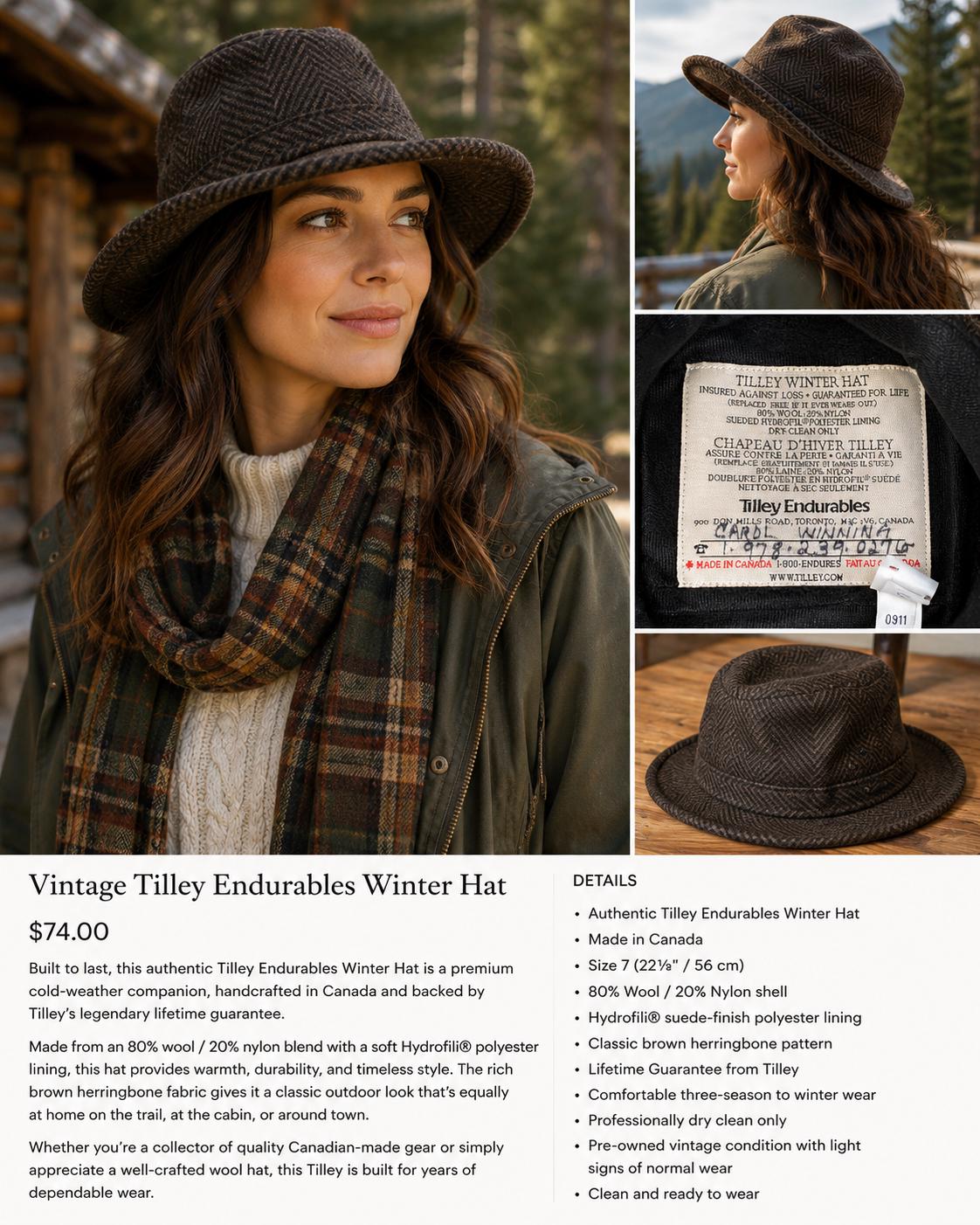 Vintage Tilley Endurables Winter Hat Made in Canada Wool Hat Brown Herringbone Outdoor Hat Size 7 (22 1/8")