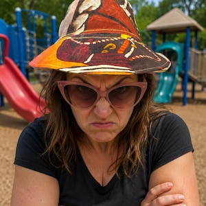 May include: A colorful butterfly print sun hat with a wide brim. The hat features shades of orange, red, and brown. The person is wearing pink sunglasses and a black v-neck shirt. The background shows a playground.