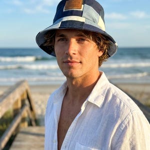 Upcycled Denim Patchwork Bucket Hat | Made to Order | Leather Patch Detail | OOAK Handmade Hat | Small or Large | Can't Top That Hat Co.