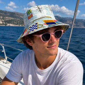 Nautical Signal Flag Bucket Hat – Handmade Cotton Maritime Hat – Sailing & Coastal Fashion – Size Large