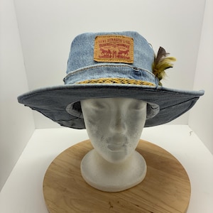 Handmade Upcycled Levi's Denim Bucket Hat – Pheasant Feathers, Braided Band, Cotton Lined – Size Medium – One of a Kind