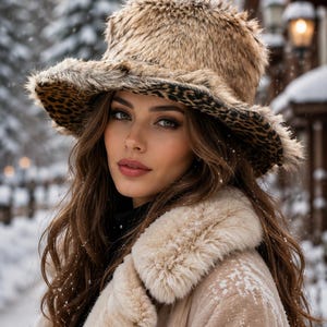 May include: A woman wearing a faux fur hat with a leopard print brim and a matching coat with a cream-colored fur collar. The hat and coat are set against a snowy winter backdrop.