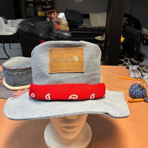 The Rodeo — Upcycled Denim Western Hat, Red Bandana Band, Wrangler Patch, Saint Art Philly, Size Medium 22.5"