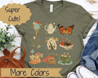 Cottagecore Shirt, Natur Tee, Pilze, Frosch, Motte, Schmetterling, Buchliebhaber, Picknick, Cottagecore Ästhetik, Garten Shirt, Grüne Hexe