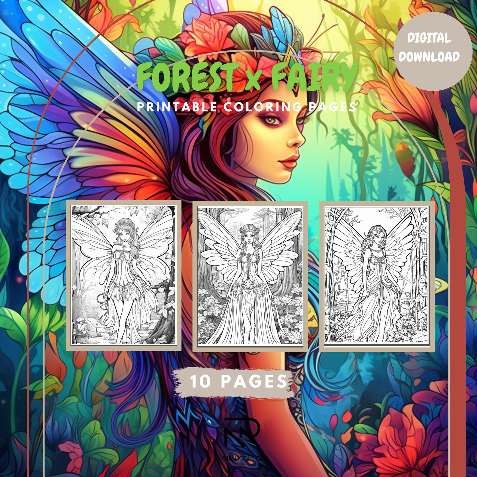 Forest Fairy Digital Coloring Pages Printable Coloring Pages Instant Download PDF Grown-up ...