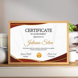 Diseño de certificado de oro rojo imprimible, plantilla elegante para premios, plantilla de diploma personalizable