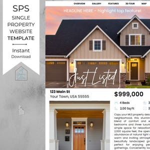 May include: A website template for a single property listing. The design features a house with a beige exterior, dark roof, and the text "Just Listed". The template includes sections for an overview, gallery, features, and contact information.