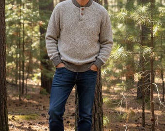 Vintage 80s 90s Outdoor Exchange Henley Sweater XL – Oatmeal Knit – Cozy Cabin Style