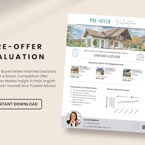 May include: A real estate valuation document titled "PRE-OFFER VALUATION" with a house image. It includes data on recently sold homes, market trends, and important considerations. The document also features the text "INSTANT DOWNLOAD".