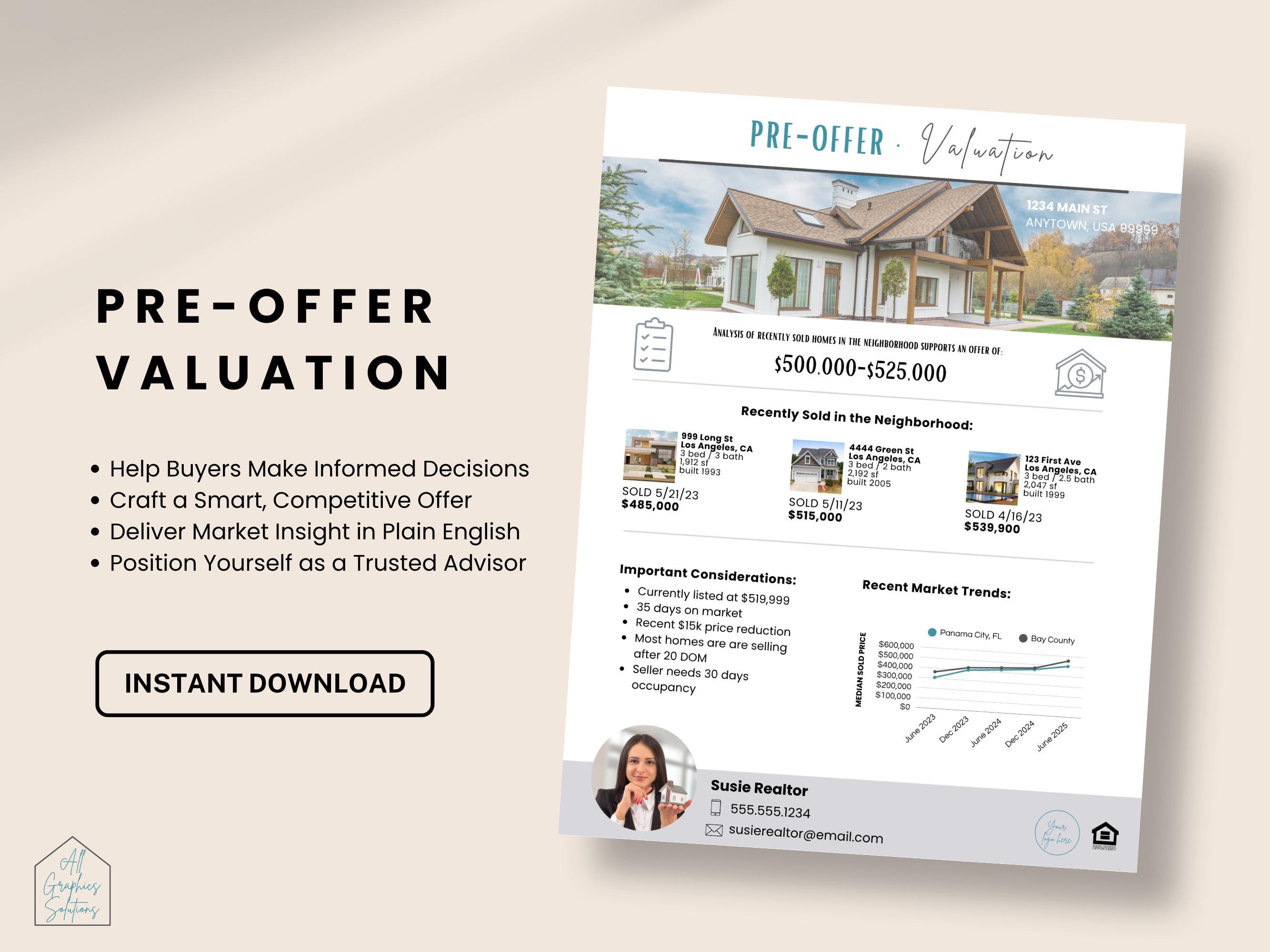 Pre-Offer Valuation · CMA At-A-Glance · 1 Page Comparable Market Analysis · Real Estate Marketing · Home Buyer · Realtor Prospecting