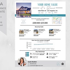 Home Valuation · CMA At-A-Glance · 1 Page Comparable Market Analysis · Real Estate Marketing · Home Seller · Realtor Prospecting · Investor