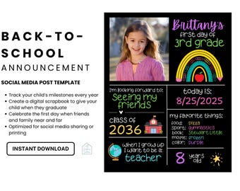 First Day of School Announcement Template: Social Media, Scrapbook (Canva Digital Download)