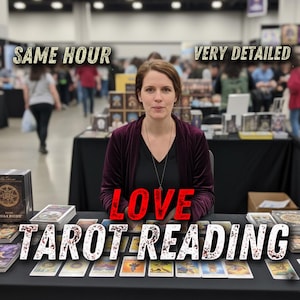 Puede incluir: Una mujer está sentada detrás de una mesa con cartas del tarot, con las palabras "LOVE TAROT READING" en letras grandes. También son visibles los textos "SAME HOUR" y "VERY DETAILED". El escenario parece ser una convención o feria.