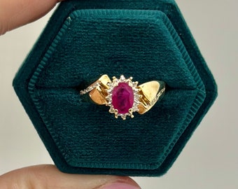 14k Yellow Gold Natural Oval Ruby with Diamond Halo Ring, Size 7 1/2