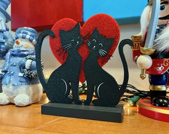 Two Cat Silhouettes with Heart | 3D Printed Home Décor | Romantic Cat Lovers' Gift