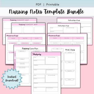 May include: A bundle of printable nursing notes templates in a pink and white design. The templates include sections for concept mapping, pharmacology, nursing care plans, and pathophysiology. The words "PDF | Printable" and "Instant Download!" are also visible.