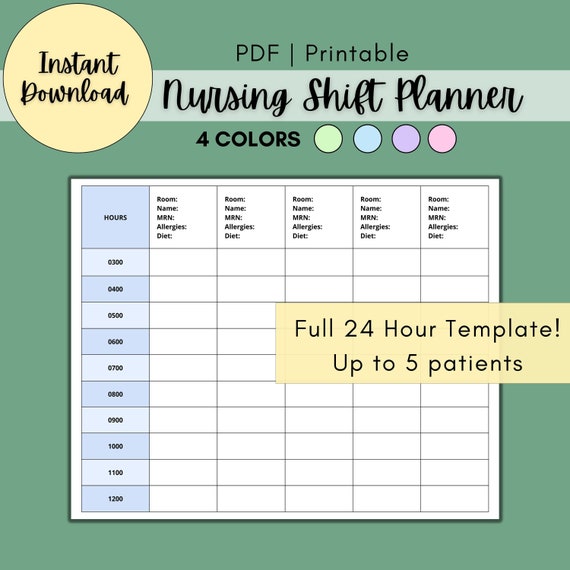 24 Hour Nursing Hourly Rounds Template, Five Patient, Nursing Shift Planner, Nursing Planner, NCLEX, Nursing Schedule, Printable Template