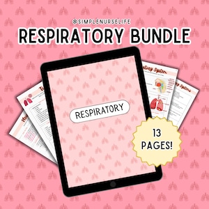 May include: A digital tablet displaying a pink and white patterned background with the text "RESPIRATORY" in a white oval. The tablet is surrounded by three pages of a printable study guide with the text "RESPIRATORY SYSTEM" and "Body Systems". The text "13 PAGES!" is in a yellow starburst shape. The background is a pink pattern of lungs.