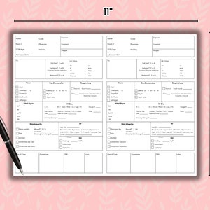 May include: A black and white printable patient chart template with sections for vital signs, neurological assessment, cardiovascular, respiratory, skin integrity, IV site, and more. The chart is 8.5 inches by 11 inches.