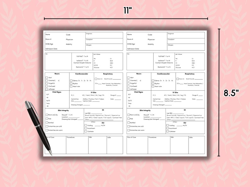 May include: A black and white printable patient chart template with sections for vital signs, neurological assessment, cardiovascular, respiratory, skin integrity, IV site, and more. The chart is 8.5 inches by 11 inches.