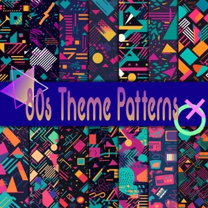 May include: A collection of colorful 80s theme patterns. The designs feature geometric shapes, lines, and dots in vibrant colors like teal, pink, yellow, and purple against a dark background. The text "80s Theme Patterns" is displayed.