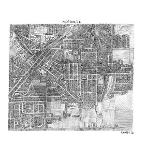 Könnte beinhalten: Detaillierte Schwarz-Weiß-Tuschezeichnung der Stadt Morton, IL, mit Straßen, Gebäuden und Grünflächen. Der Text "MORTON, IL" steht oben. Signiert "CHASE F. '22" unten rechts.