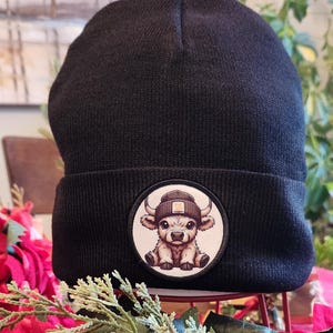 Black Beanie Hat Highland Cow Design Patch