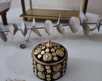 Caja vintage de latón dorado para anillos, joyero redondo