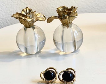 Gold Vintage Earrings Black Stone Gold-Plated Monet Earrings Vintage