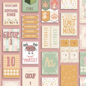 May include: A selection of illustrated cards in pastel colours, featuring text such as "Child's Name Homework Binder", "Group 1", and "Push Yourself". The cards have various designs and are arranged on a pink background.