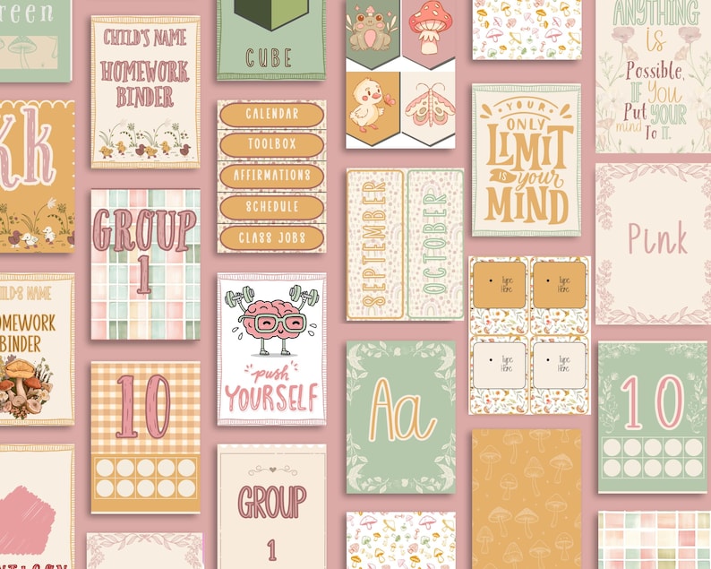 May include: A selection of illustrated cards in pastel colours, featuring text such as "Child's Name Homework Binder", "Group 1", and "Push Yourself". The cards have various designs and are arranged on a pink background.