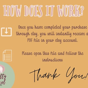 May include: A tan graphic with pink text explaining the purchase process. It features the text "HOW DOES IT WORK?" and instructions on receiving a PDF file via Etsy. The image ends with "Thank You!" and includes The Pretty Pixel Shoppe logo.