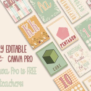 May include: A selection of educational cards in pastel colours, featuring words like "Pentagon," "Cube," and "10." The cards have floral and geometric patterns. The text "FULLY EDITABLE with CANVA PRO" is displayed. The cards are designed for educational use.